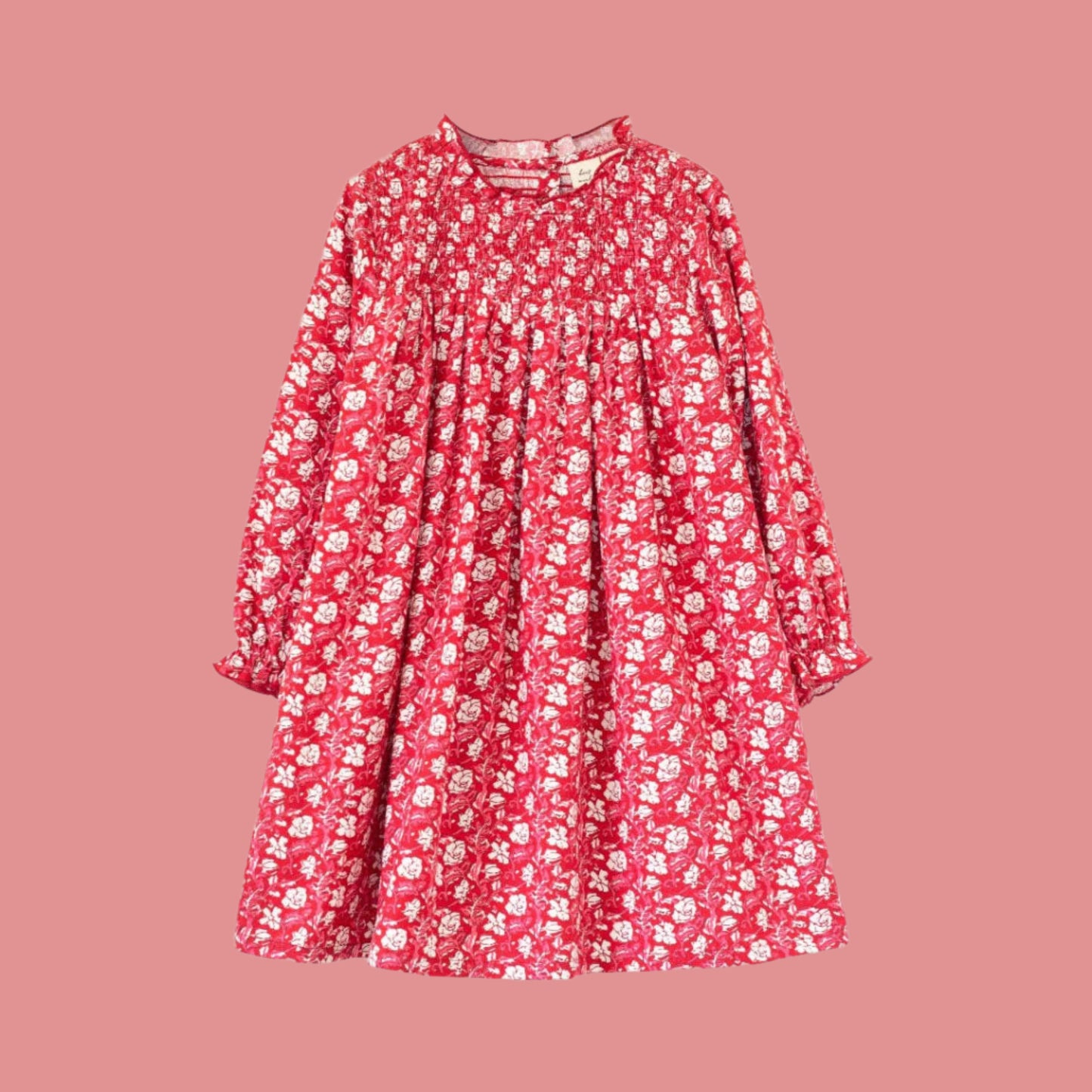 Girls' Smocked Long Sleeves Dress | Red and White Floral