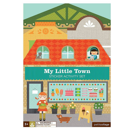 Sticker activity set packaging titled 'My Little Town' with colorful illustrations of a town scene.