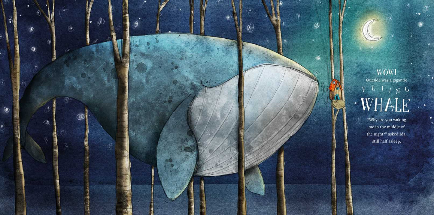 Illustration of a whale among trees with a child looking up at it under a starry night sky.