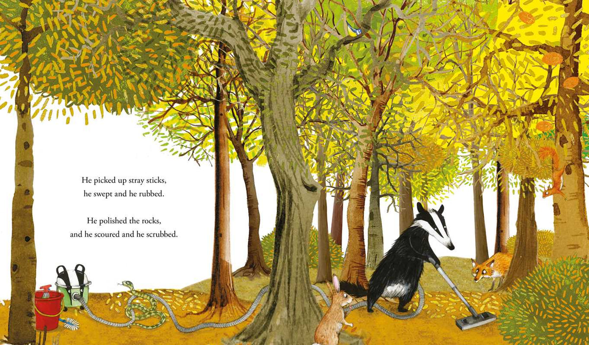 Illustration of a forest scene with animals and tools, featuring text about a badger's activities.