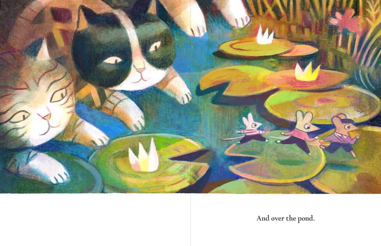 Illustration of cats and small animals on lily pads with text 'And over the pond'.