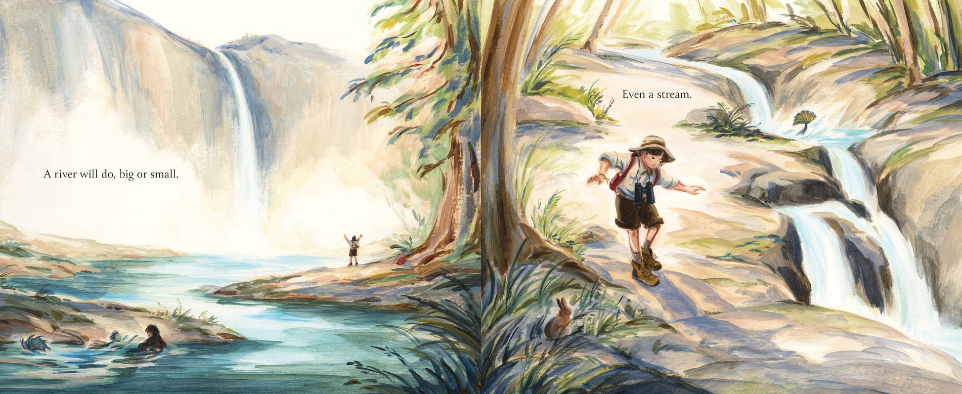 Illustration of a person walking along a stream with a waterfall in the background