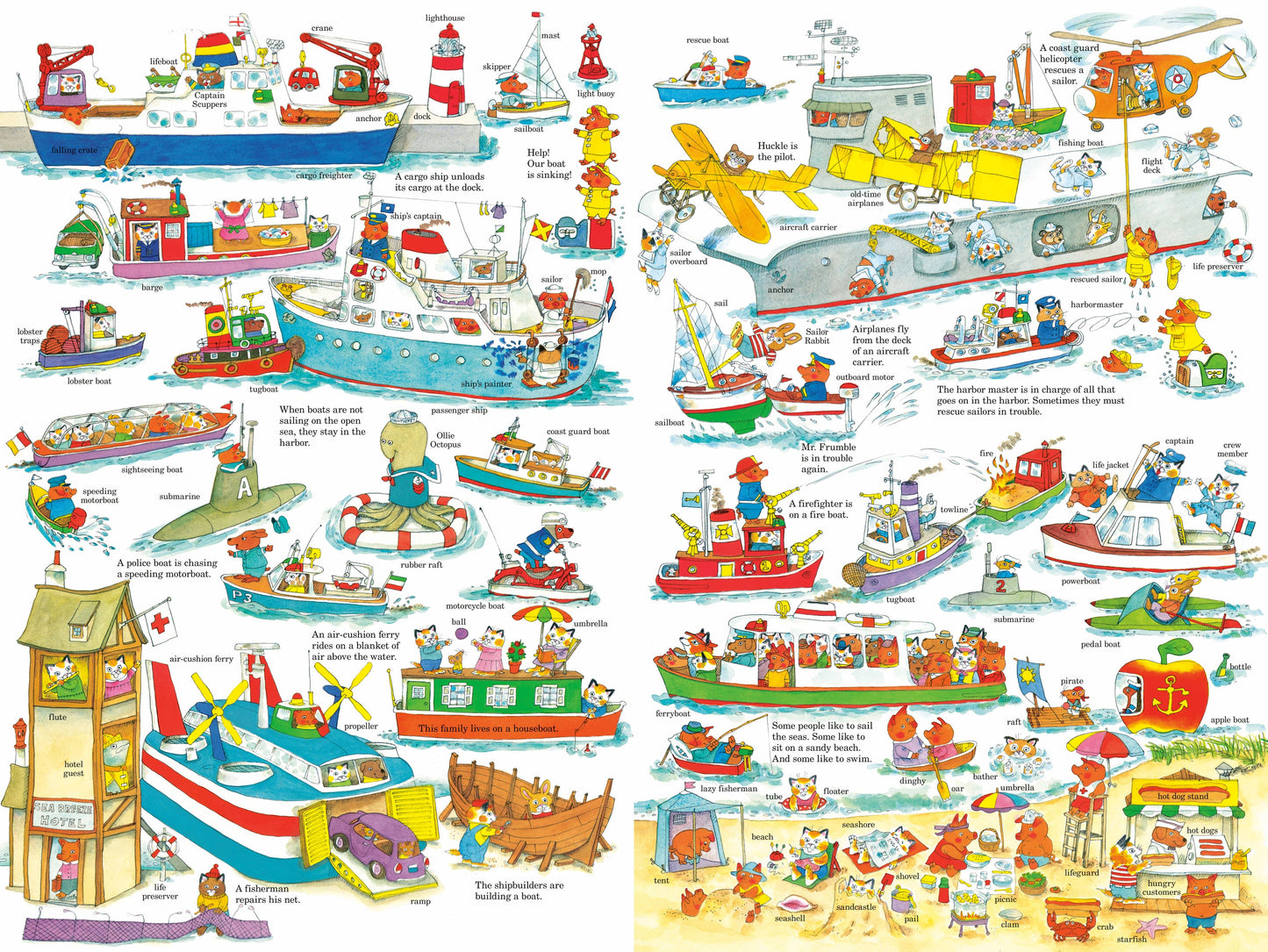 Illustrated scene with various boats, ships, and people on a white background