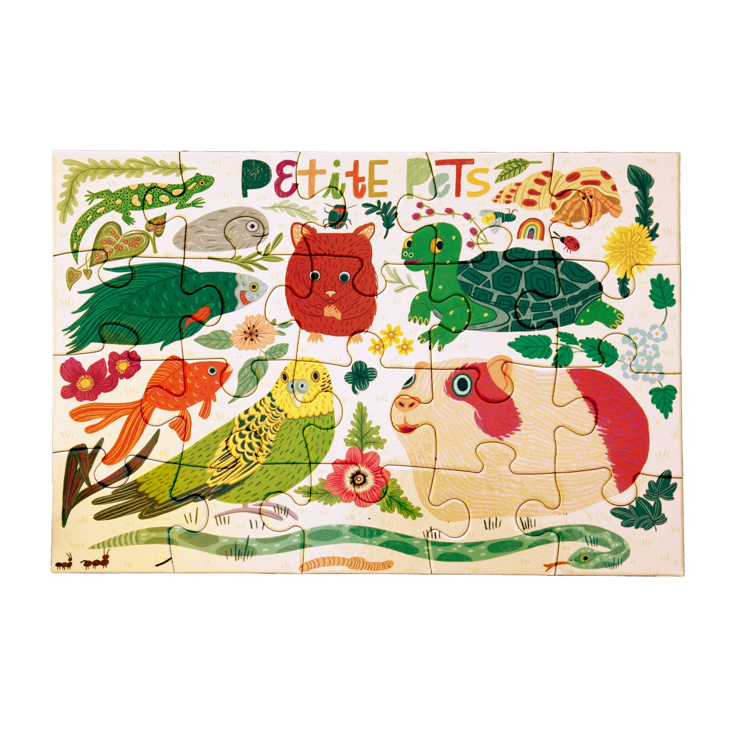Children's puzzle with animal illustrations and 'Petité' branding on a white background