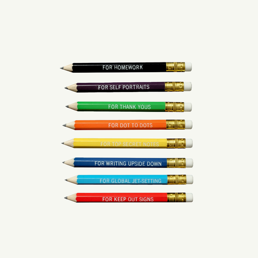 a set of writing pencils with various phrases on each one, including "for homework", "for thank yous", and "for keep out signs", all on a white background