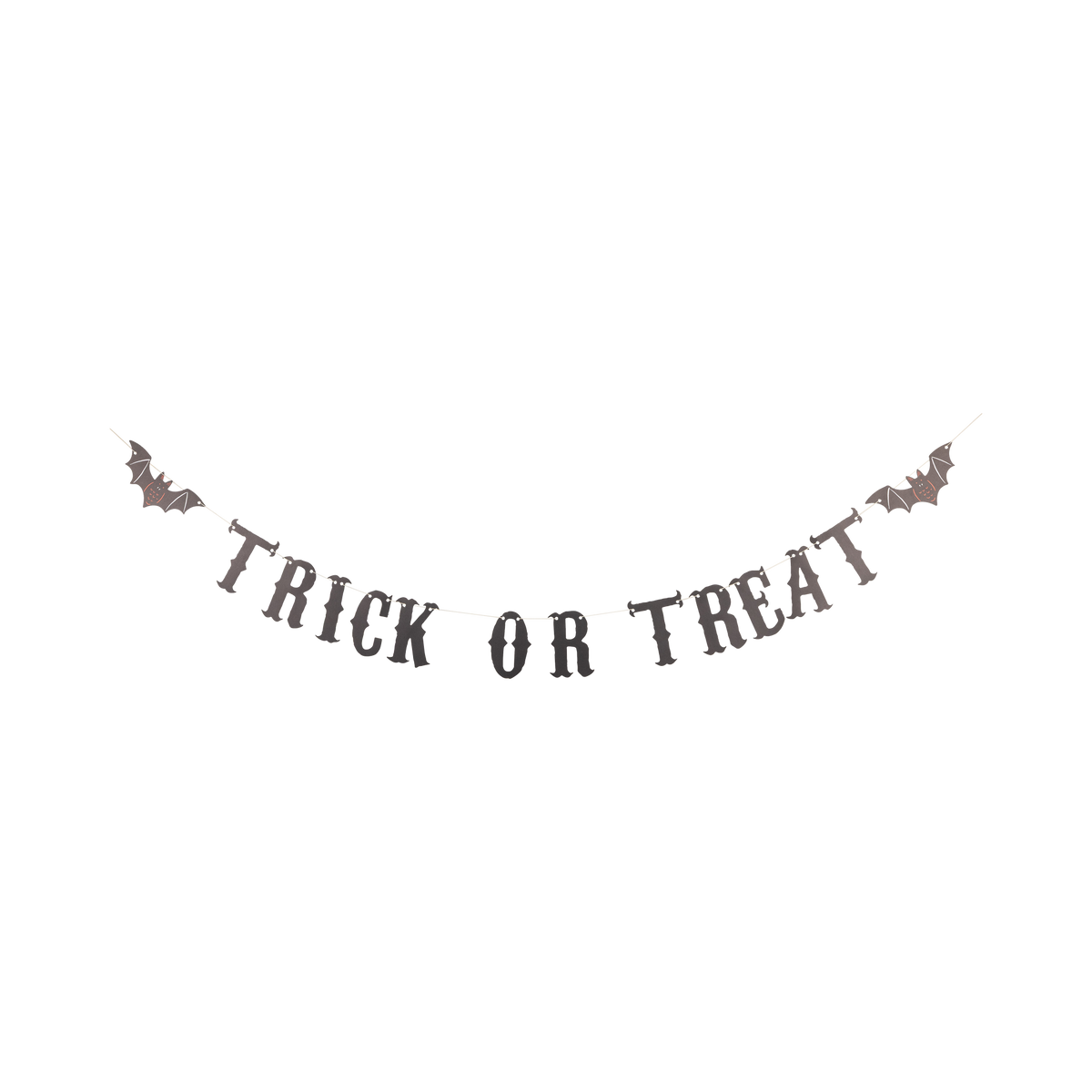 Black "Trick or Treat" paper banner with bats on a white background