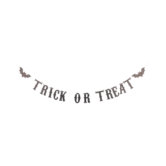 Black "Trick or Treat" paper banner with bats on a white background