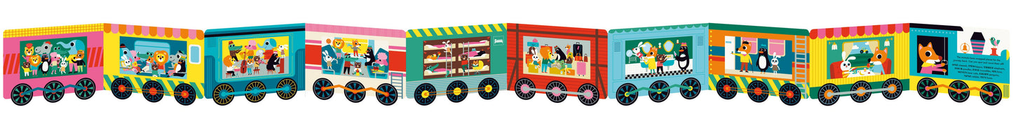 interior pages of train book, each page a train car with a different scene of animals inside