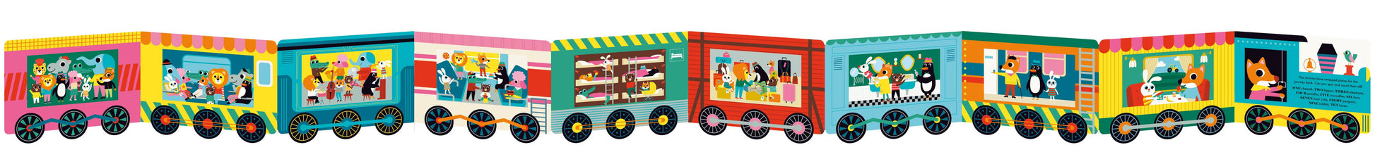 interior pages of train book, each page a train car with a different scene of animals inside
