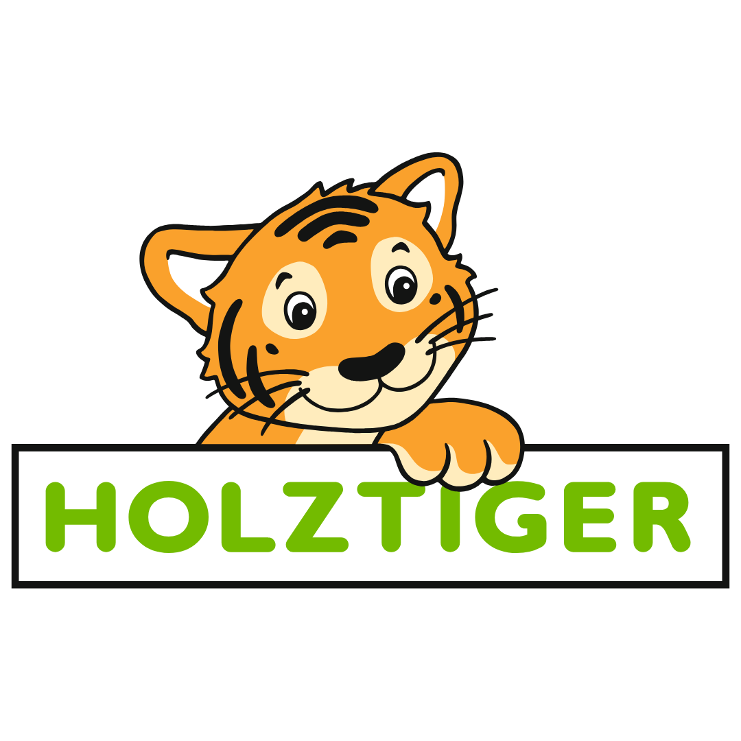 Cartoon tiger holding a sign with 'HOLZTIGER' text on a white background