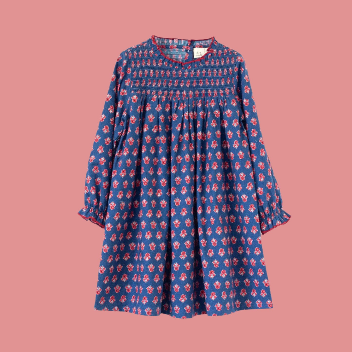 Girls' Smocked Long Sleeves Dress | Red and Navy