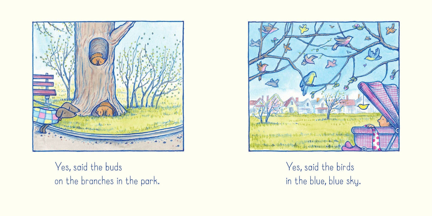 Illustrated book page with two panels showing a tree and birds in a park.