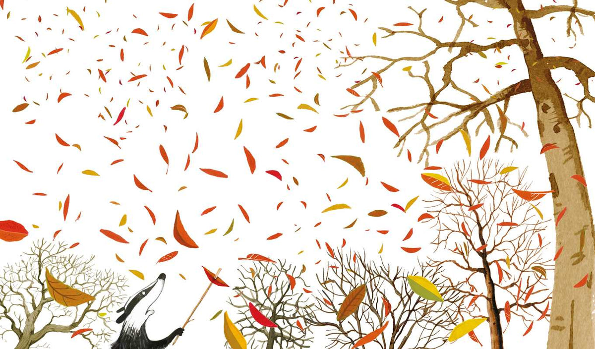 Illustration of autumn leaves falling from trees with a badger holding a leaf on a stick.
