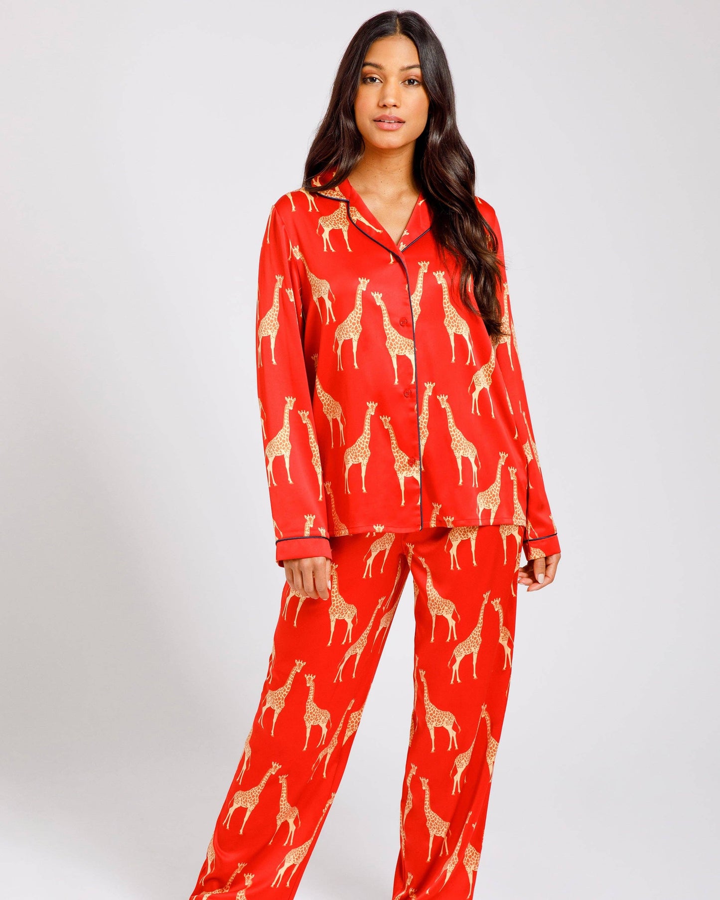 Satin Red Giraffe Print Long Pajama Set