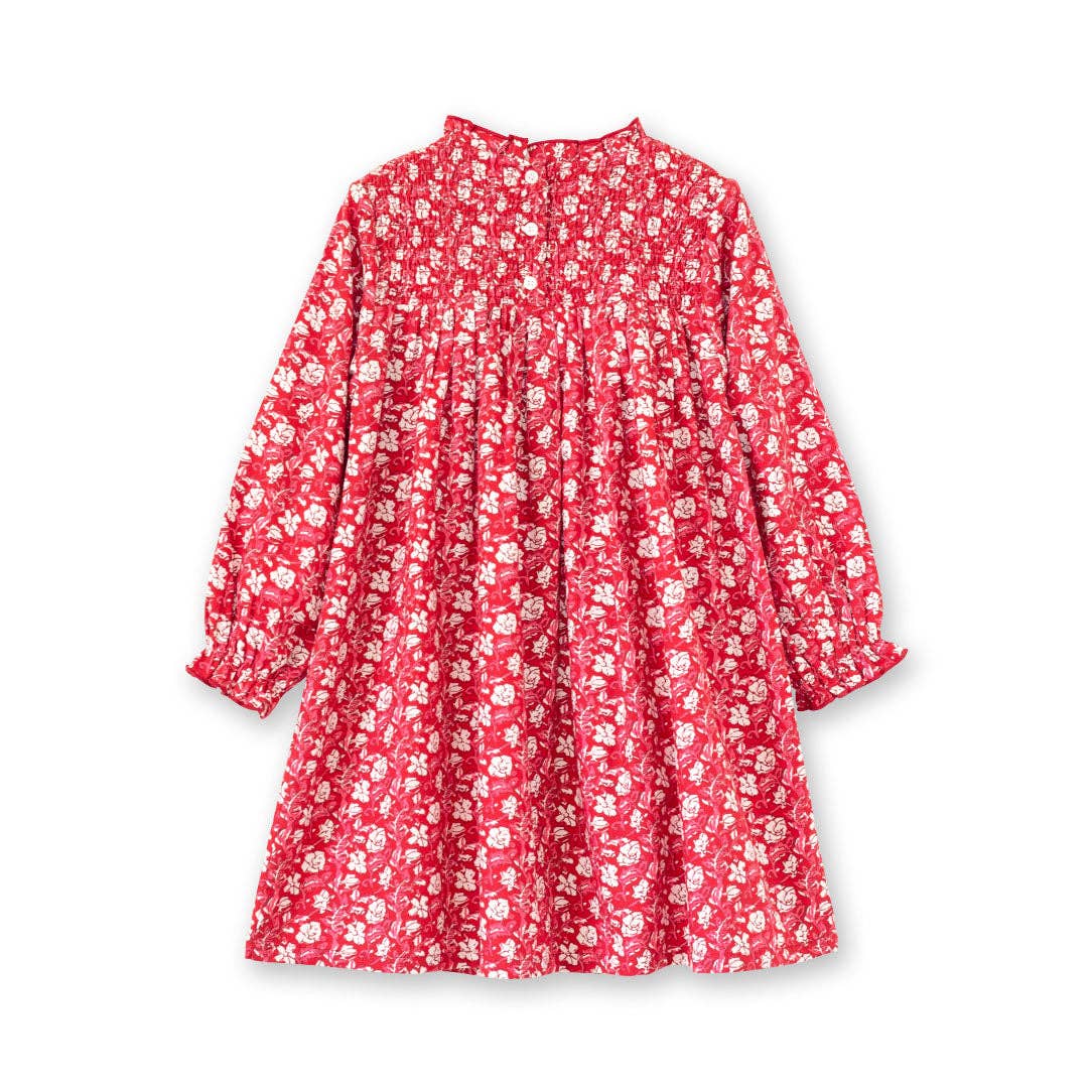 Girls' Smocked Long Sleeves Dress | Red and White Floral