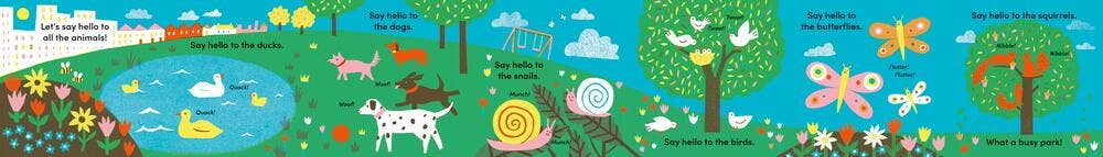 interior of fold out tummy time book with various illustrations of park settings