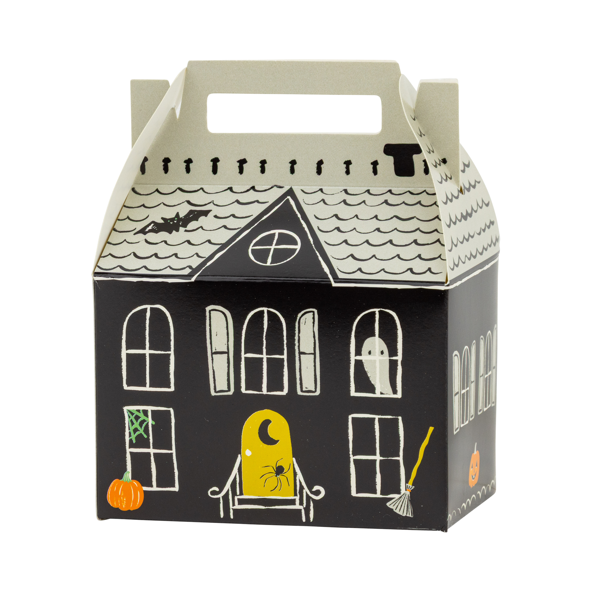 Halloween-themed house-shaped gift box with illustrations on a white background