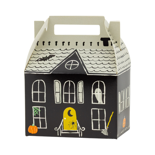 Halloween-themed house-shaped gift box with illustrations on a white background