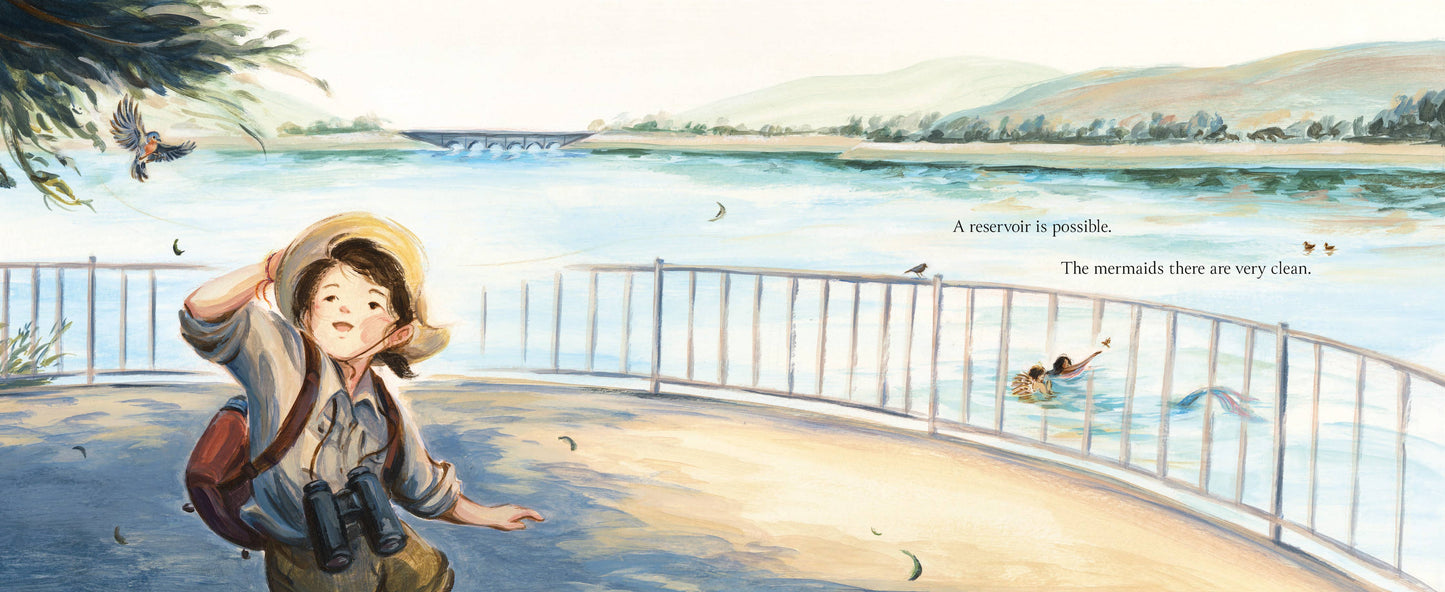Illustration of a child with binoculars by a waterfront with a scenic view.
