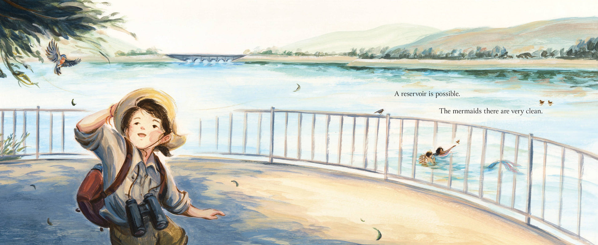 Illustration of a child with binoculars by a waterfront with a scenic view.