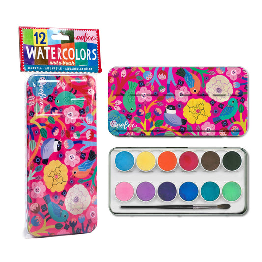Colorful watercolor set with a brush and packaging featuring floral and animal designs.