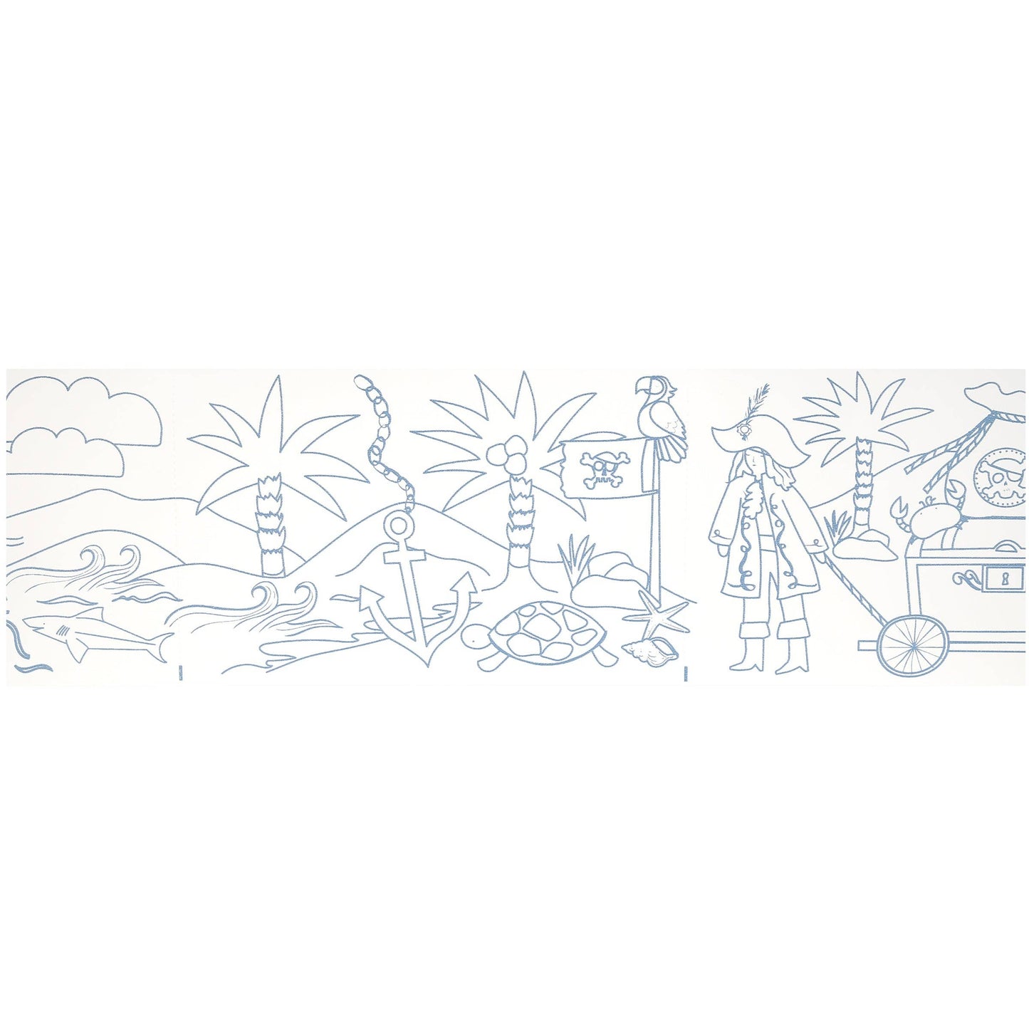 Outline illustration of a pirate scene with palm trees, a treasure chest, and a parrot on a white background.