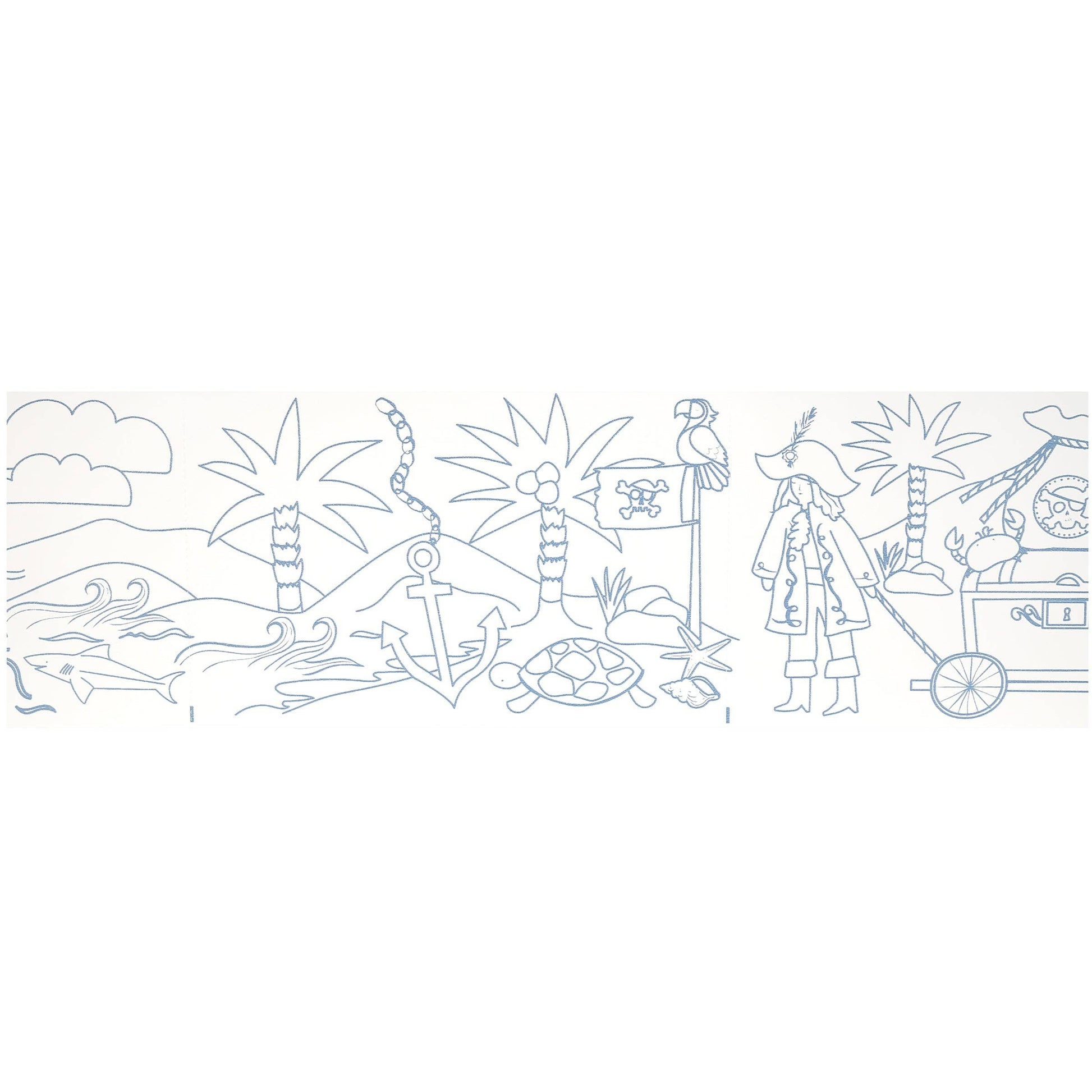 Outline illustration of a pirate scene with palm trees, a treasure chest, and a parrot on a white background.