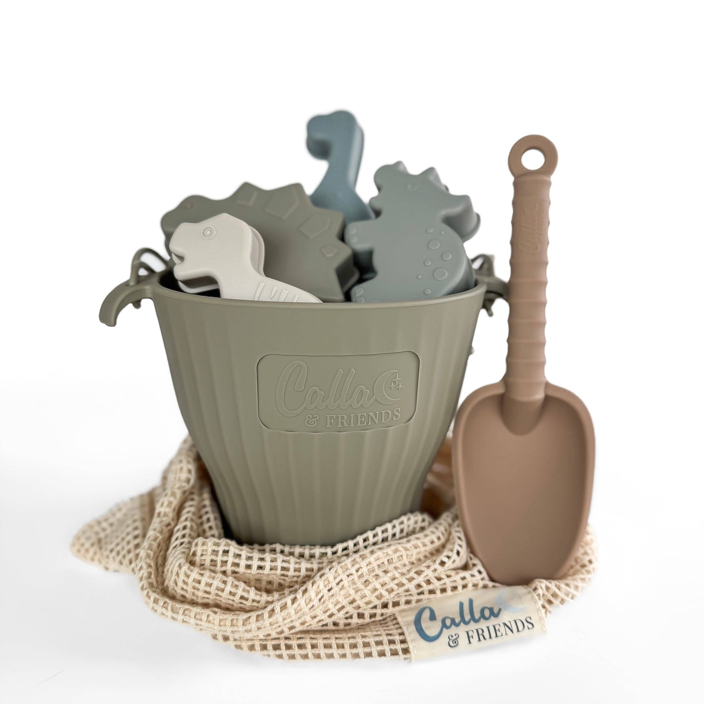Children's sand toys including a bucket, shovels, and molds with 'Cala & Friends' branding on a white background.