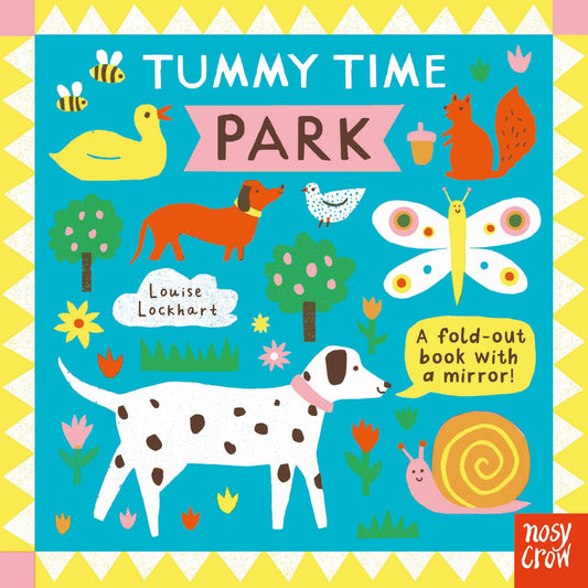 Cover of Tummy Time Park book with illustrations of animals and insects on a teal blue background with a yellow and white border