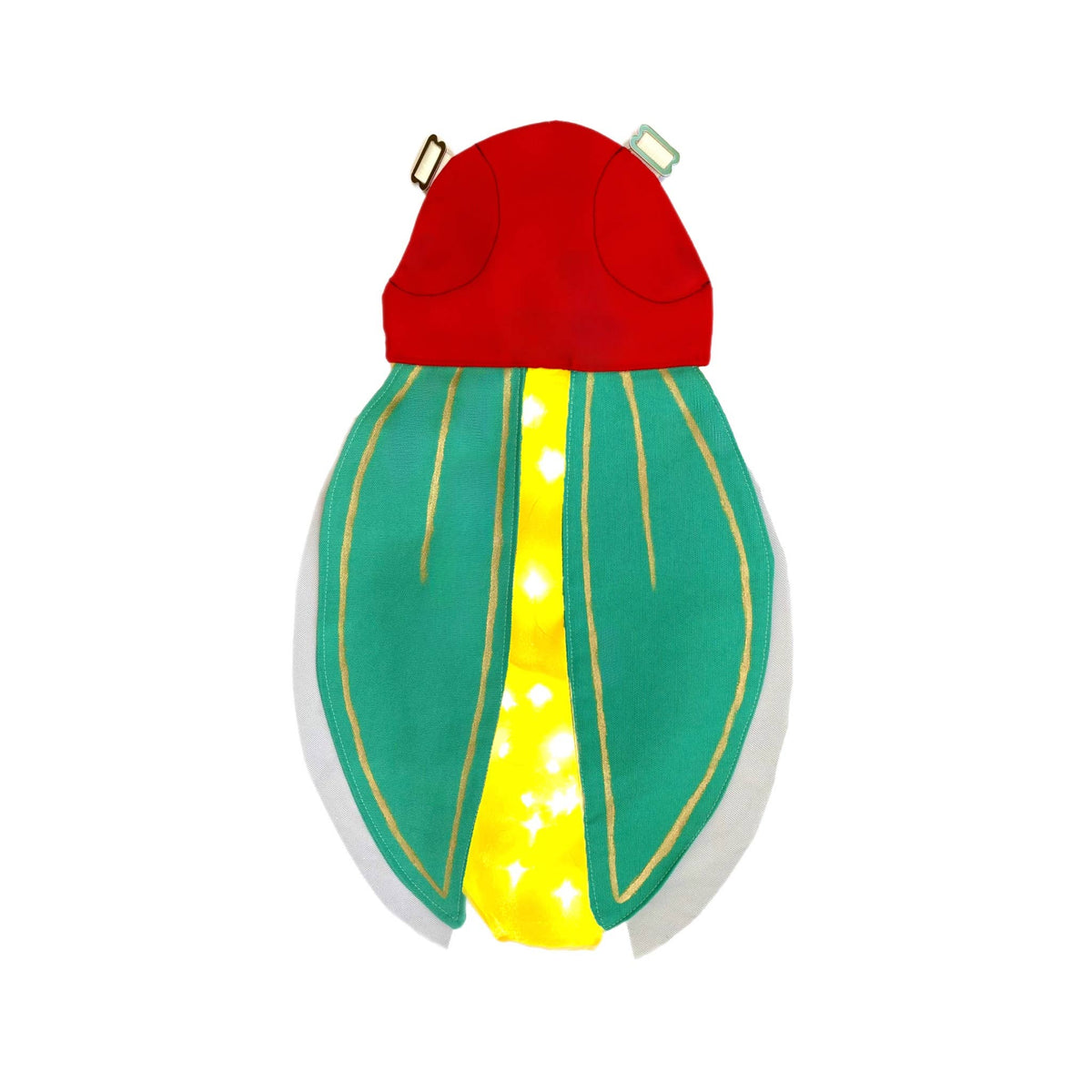 Colorful beetle-shaped cape with red head and green body on a white background