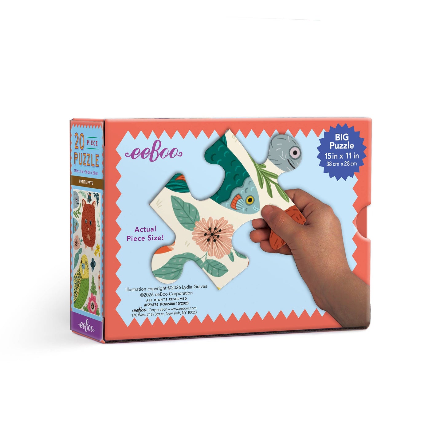 eeBoo puzzle packaging with a hand holding a puzzle piece, on a white background
