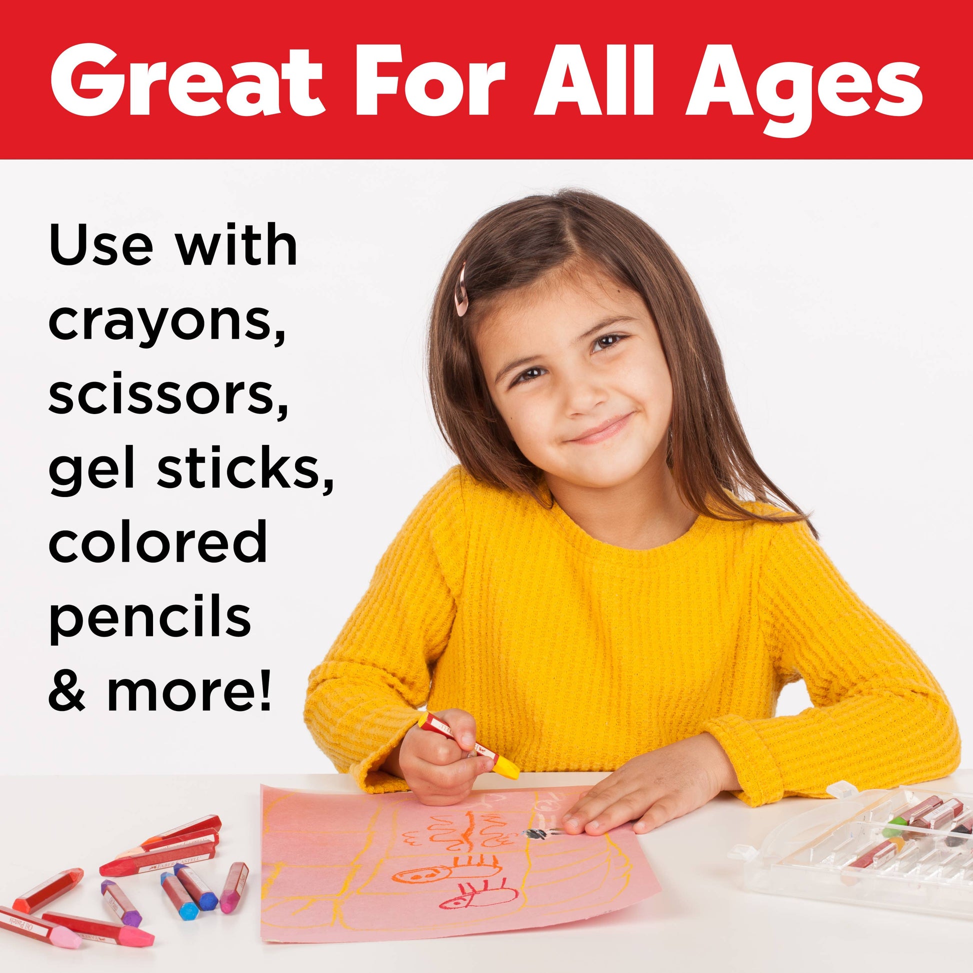 Child in yellow sweater using art supplies with text 'Great For All Ages' and product list.
