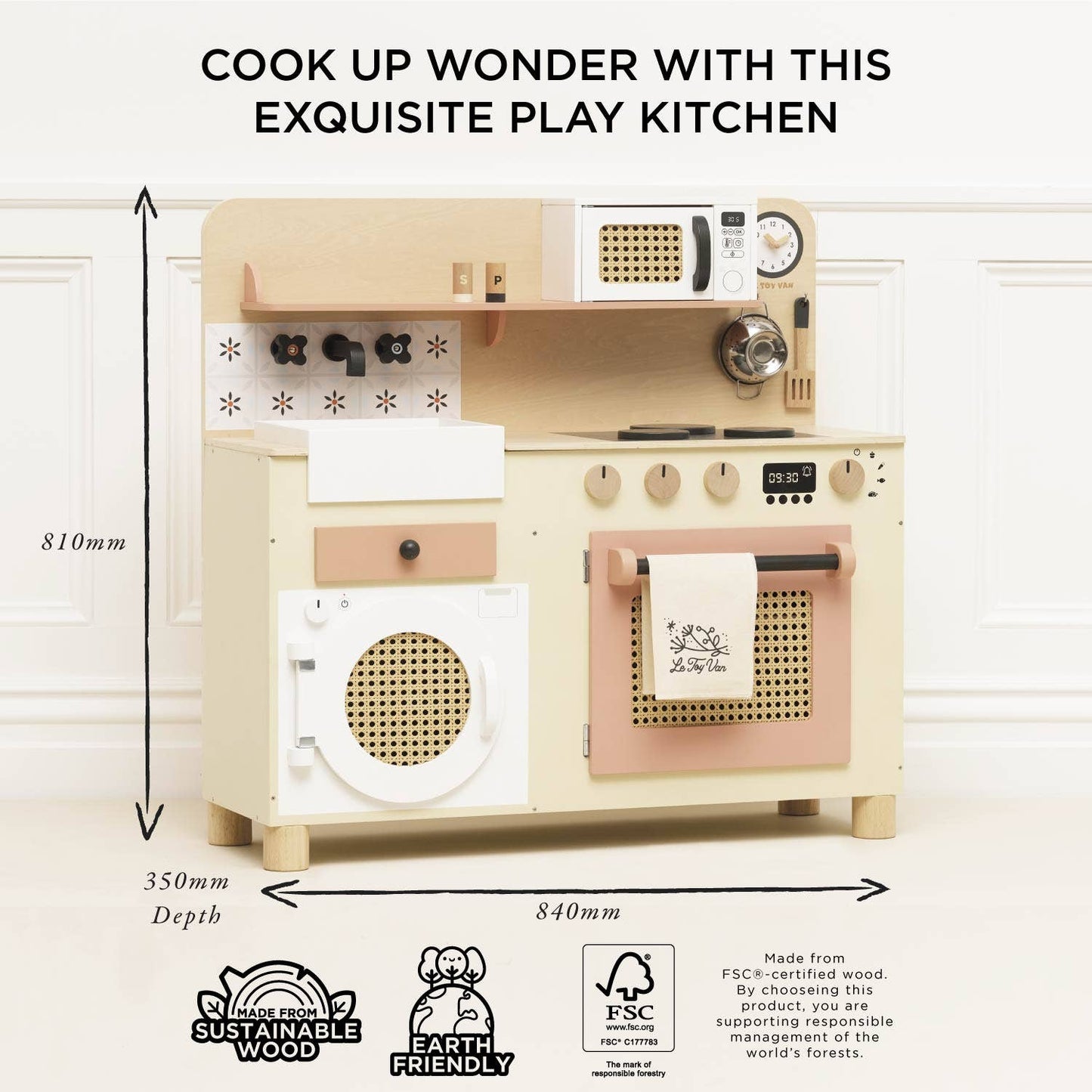 Wooden play kitchen set with measurements and sustainability logos on a white background