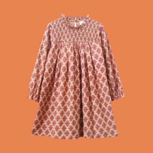 Smocked Long Sleeves Dress | Vintage Pink