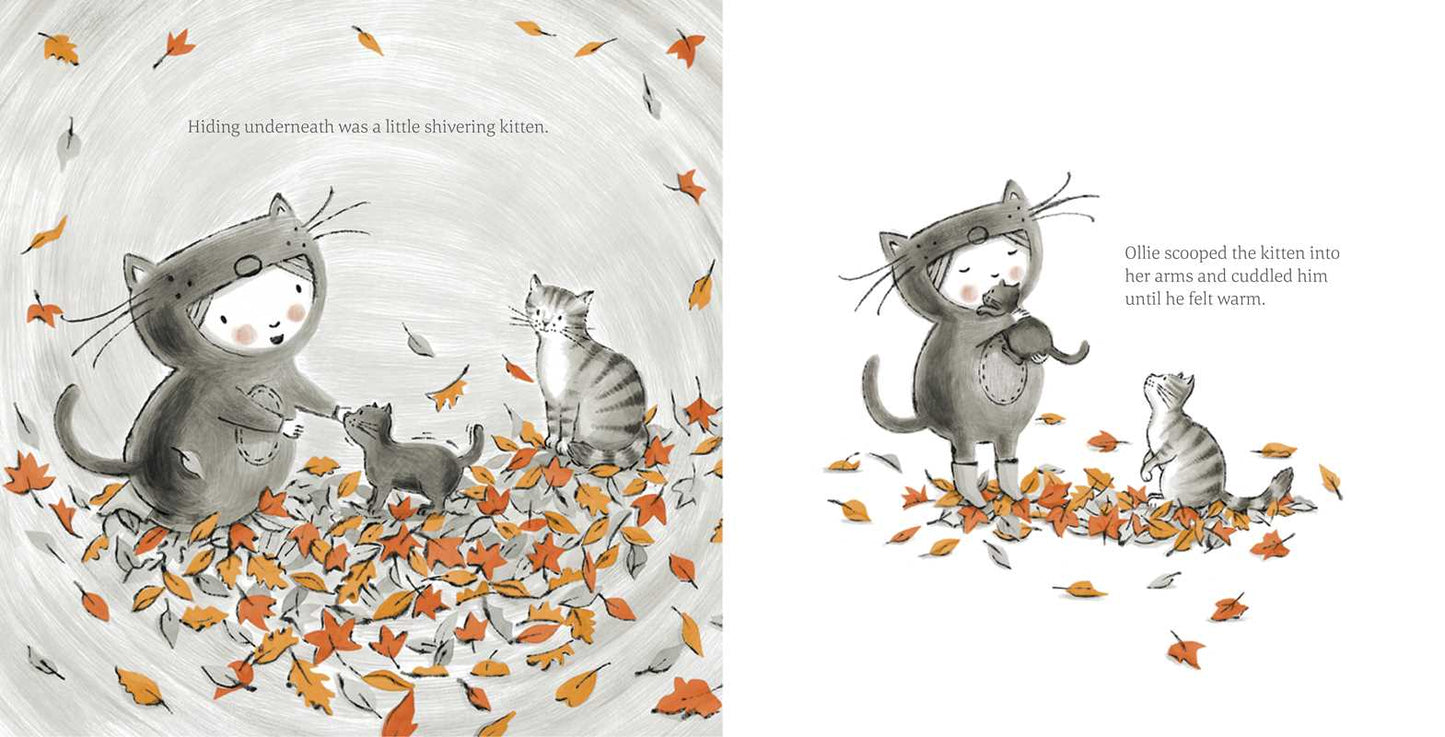 Illustration of cats in a cozy scene with leaves, likely from a children's book.