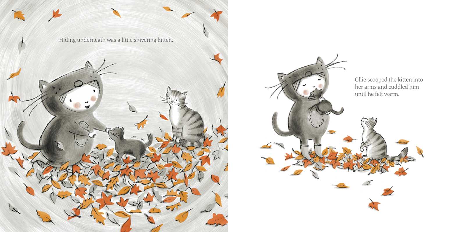 Illustration of cats in a cozy scene with leaves, likely from a children's book.
