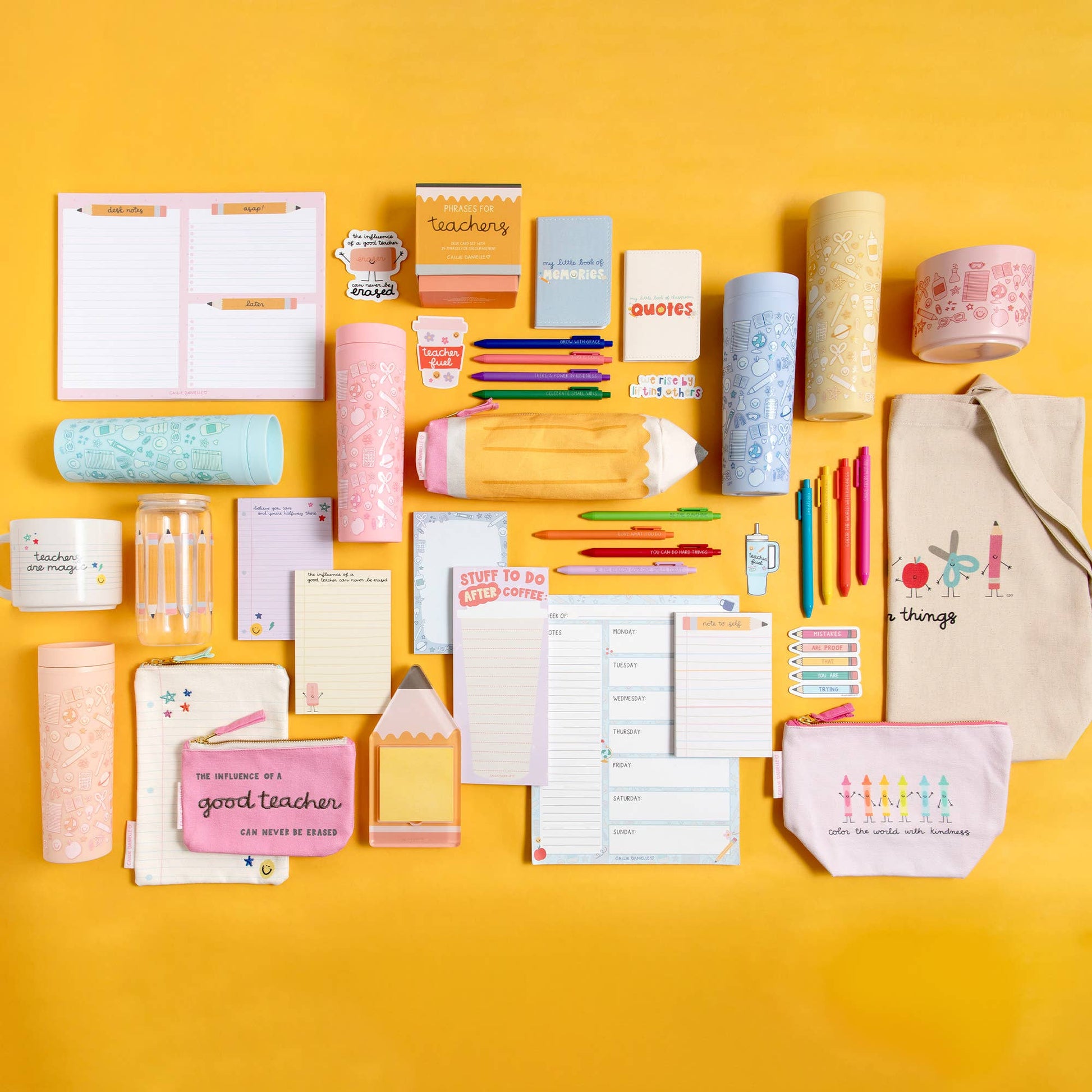 Various school and office supplies on a yellow background