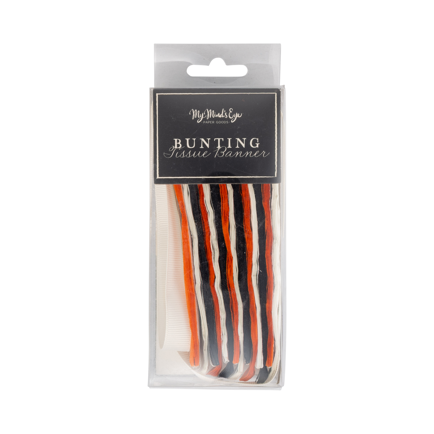 Packaged bunting tissue banner with red, white, and black stripes on a white background.