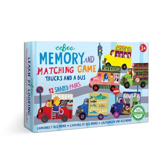 Memory and matching game box with colorful illustrations of trucks and a bus on a white background