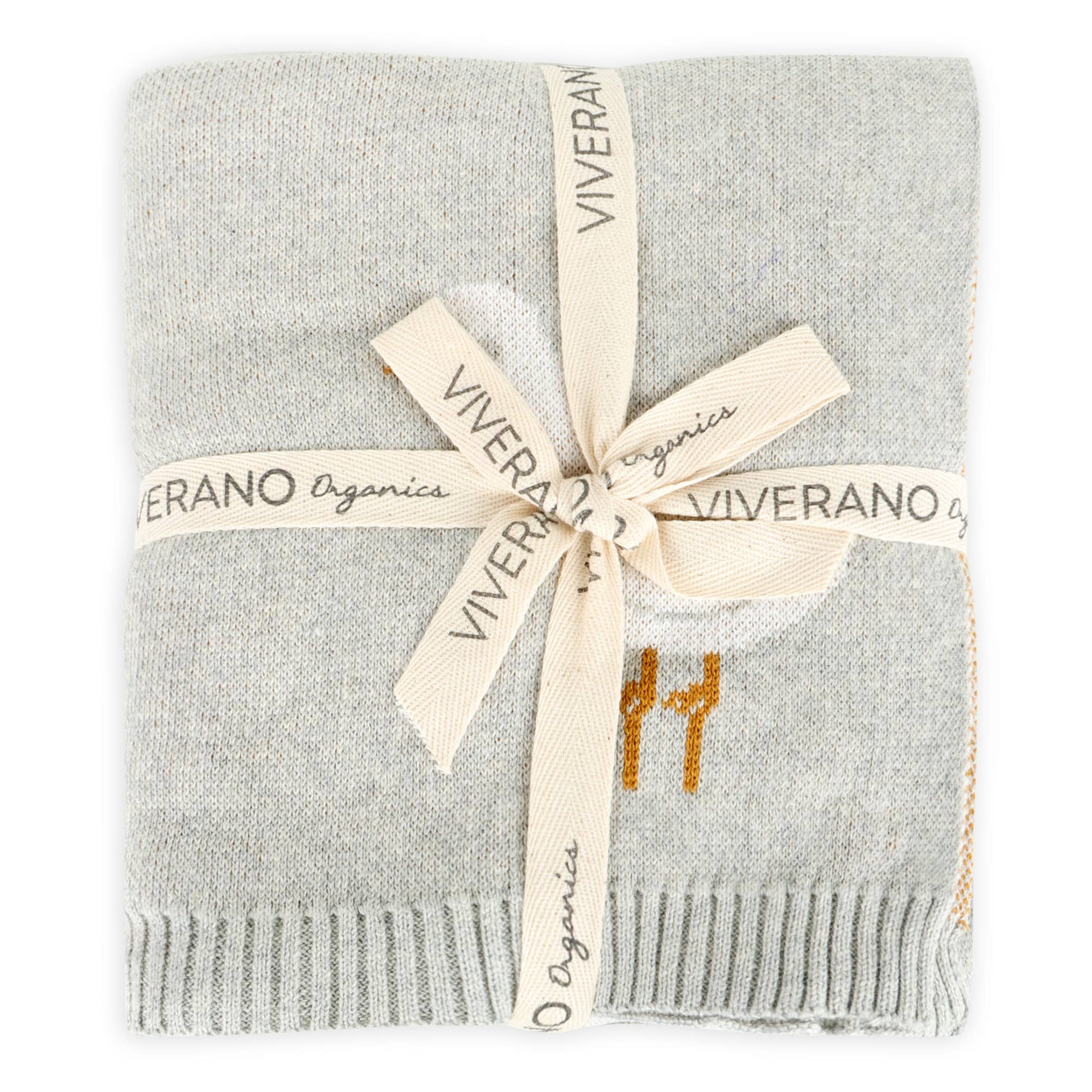 Gray baby blanket with a bow and 'Viverano Organics' branding on a white background