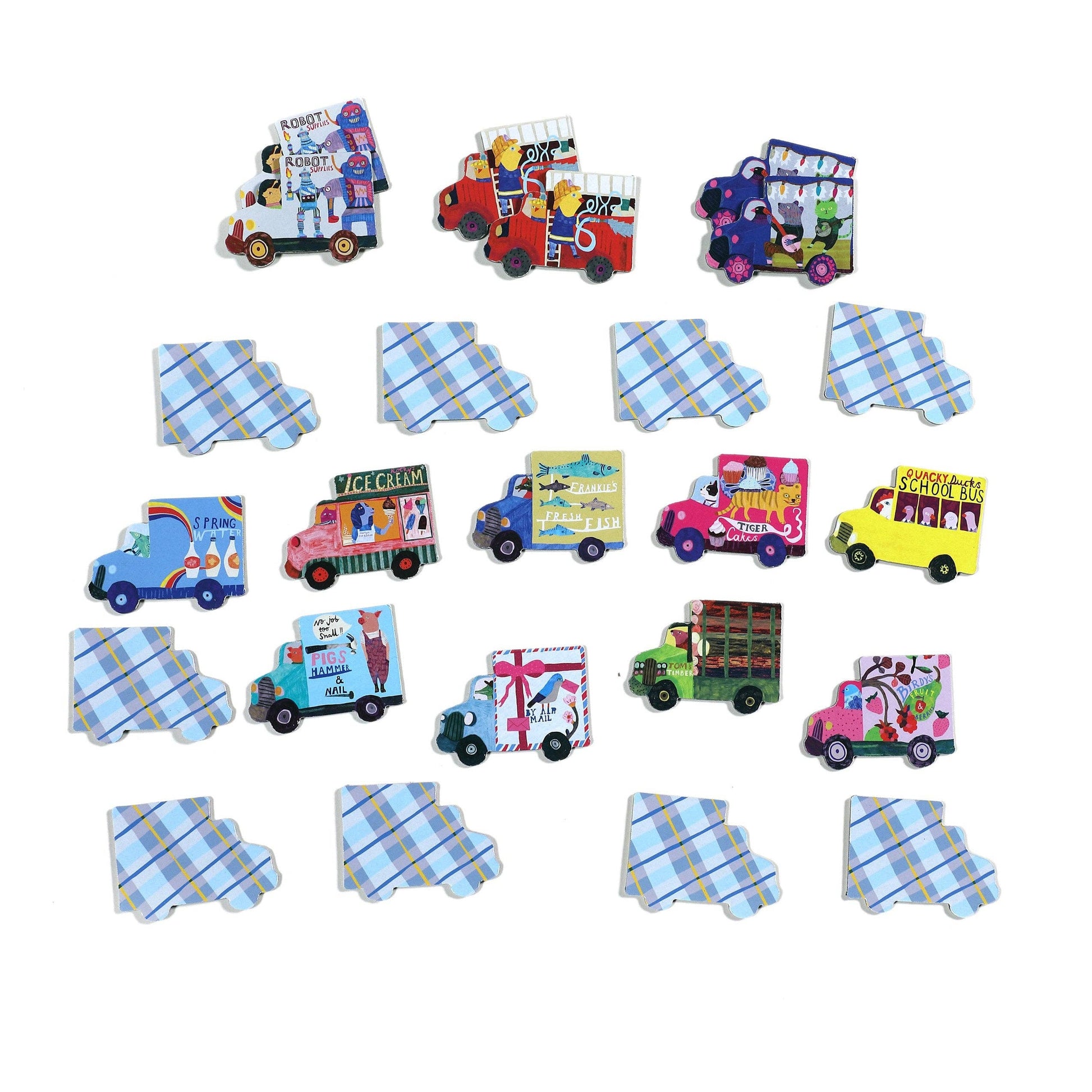 Set of colorful toy trucks with plaid patterns on a white background