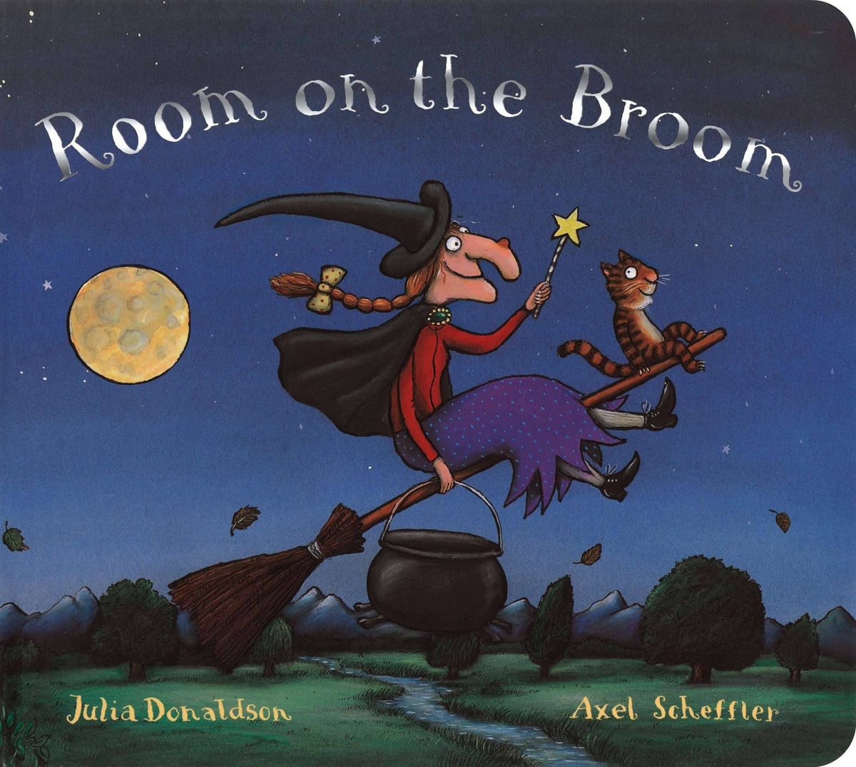 Cover of the Room on the Broom board book, featuring a witch and a cat riding on a broom with a full moon in the background