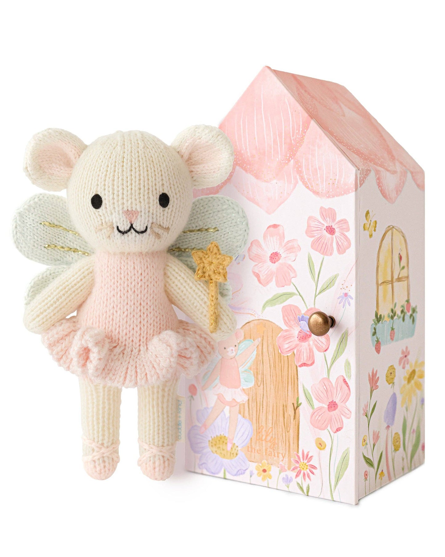 Knitted fairy mouse toy with a decorative box on a white background
