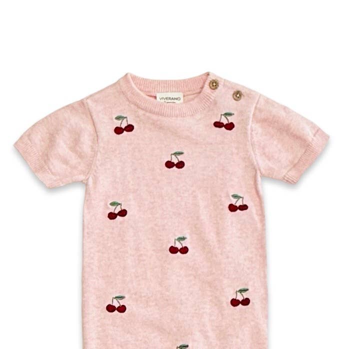 Cherry Embroidered Knit Short Sleeve Baby Romper (Organic)