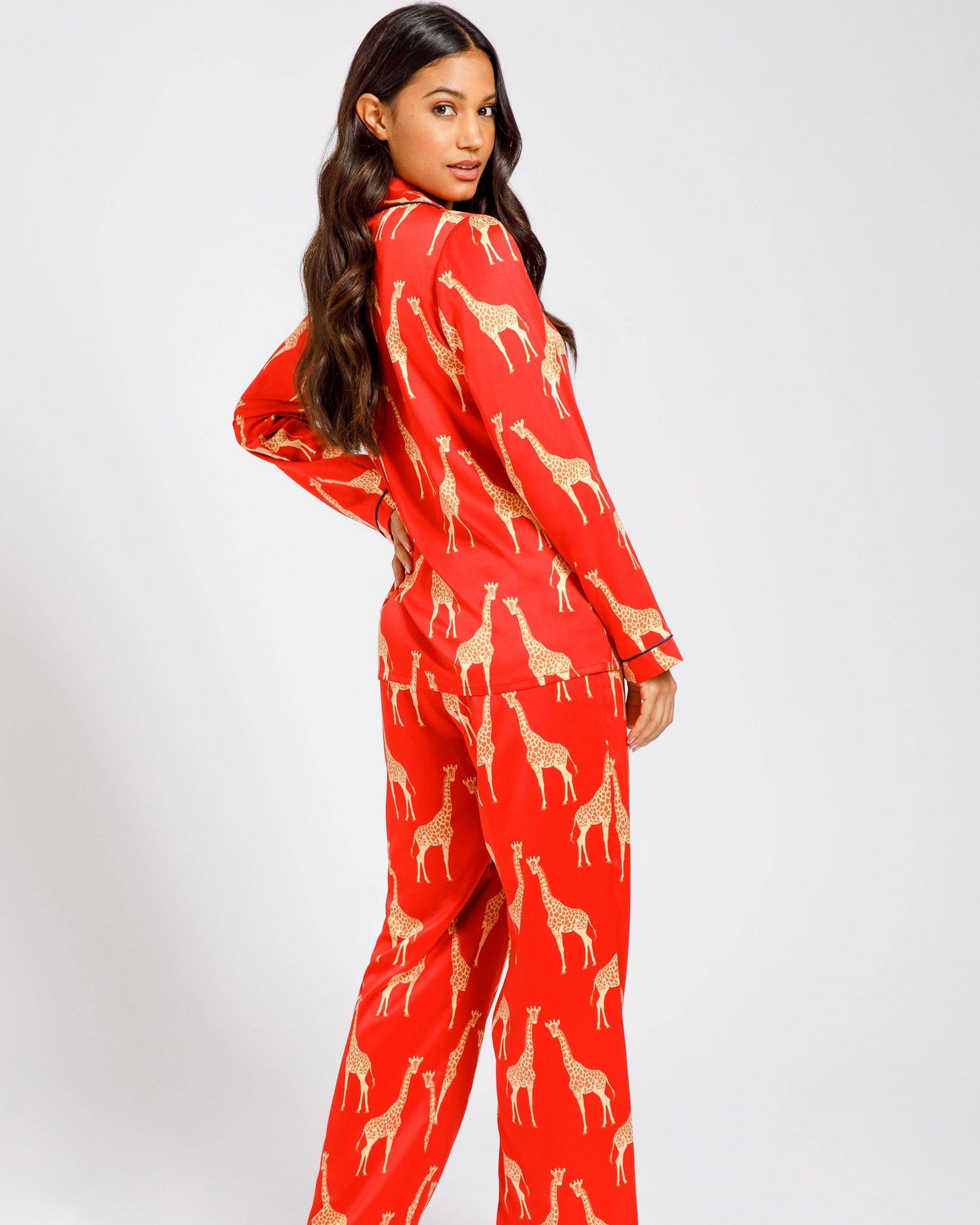 Satin Red Giraffe Print Long Pajama Set