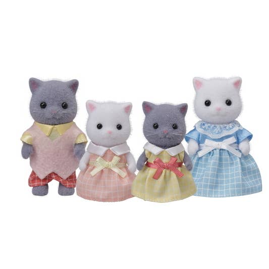 Set of 4 Doll Figures, Gray & White Cat Family, Collectible