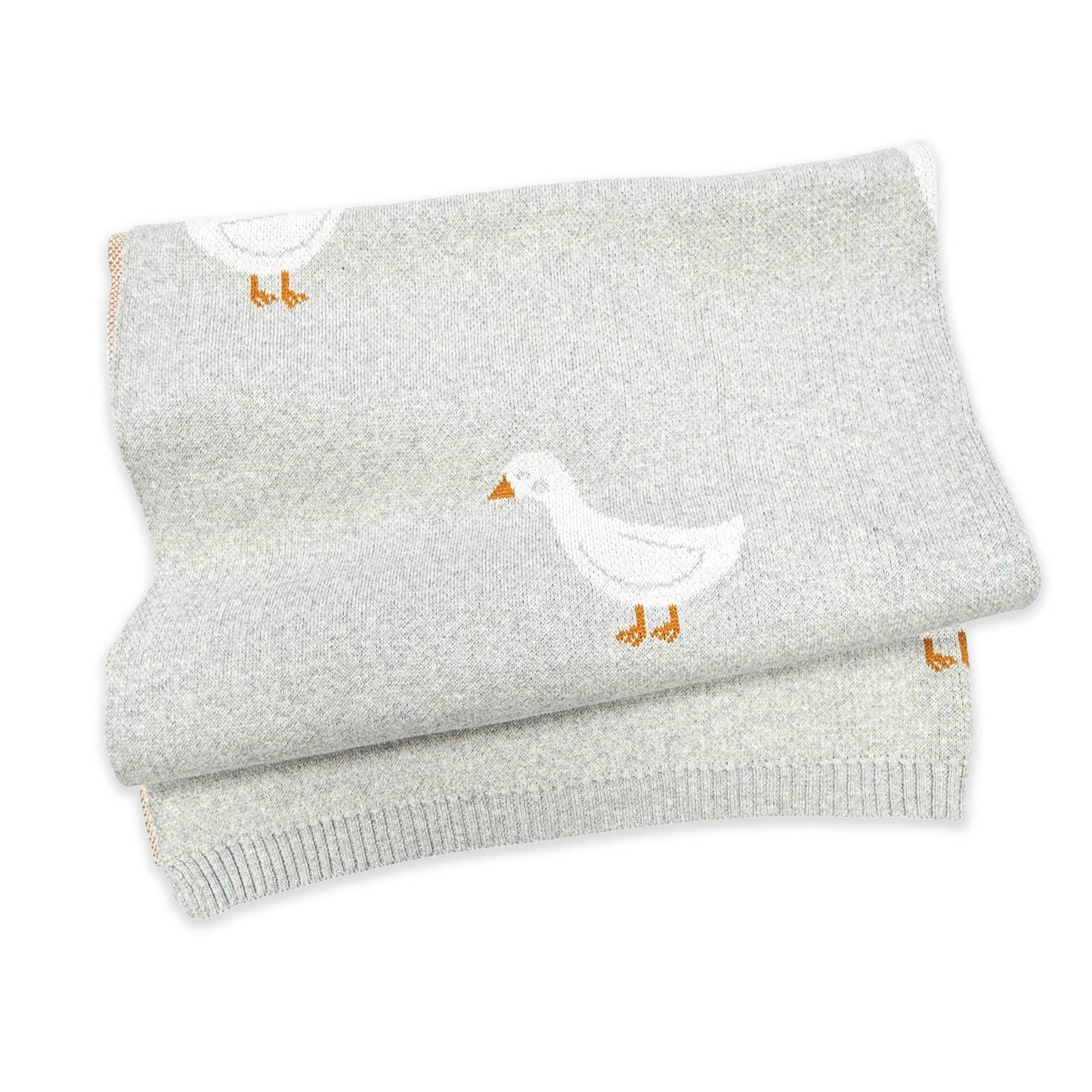 Folded gray blanket with a duck design on a white background