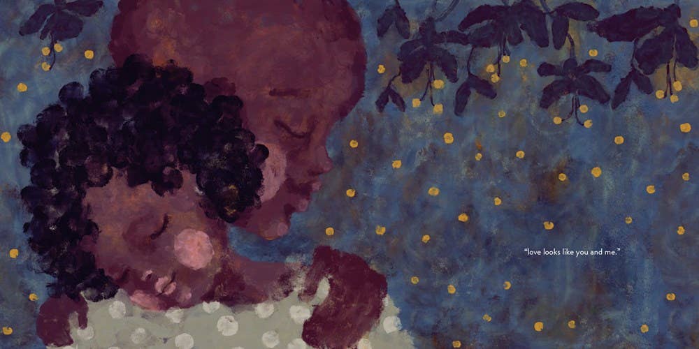 Illustration of a child and parent under a starry night sky with the text 'How lucky are you and me'.