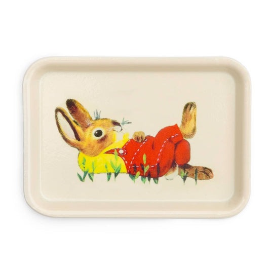 Rectangular tray with a cartoon rabbit design on a white background