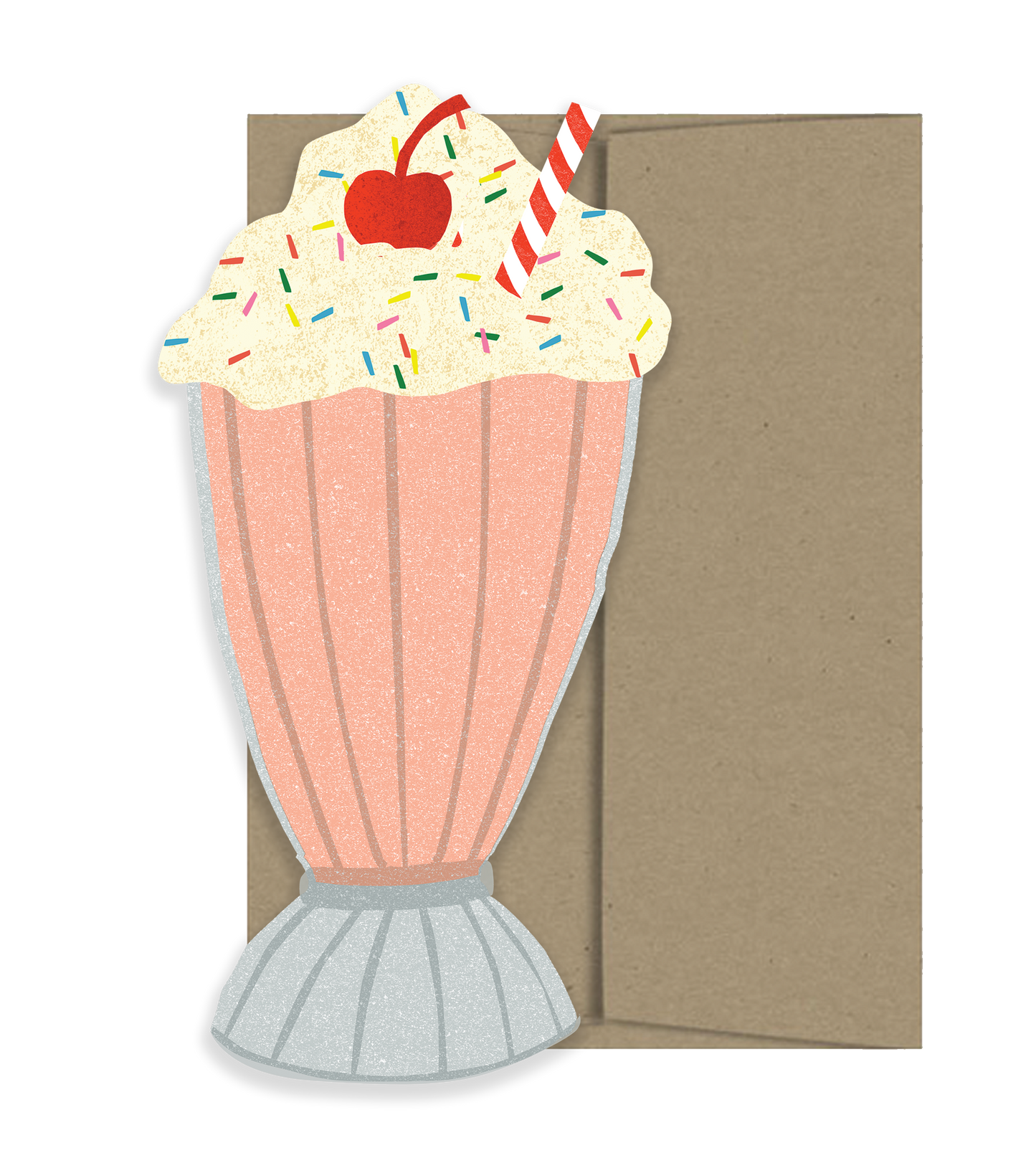 Cutout card with a design of a pink milkshake with whipped cream, a red cherry, and sprinkles on a brown background.